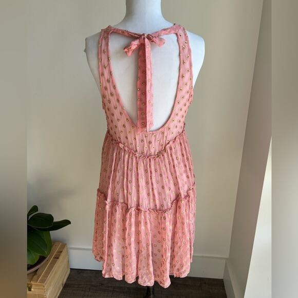 FREE PEOPLE SOPHIA TIERED SLIP DRESS OPEN BACK PINK GOLD POLKA DOTS XS - Picture 4 of 7